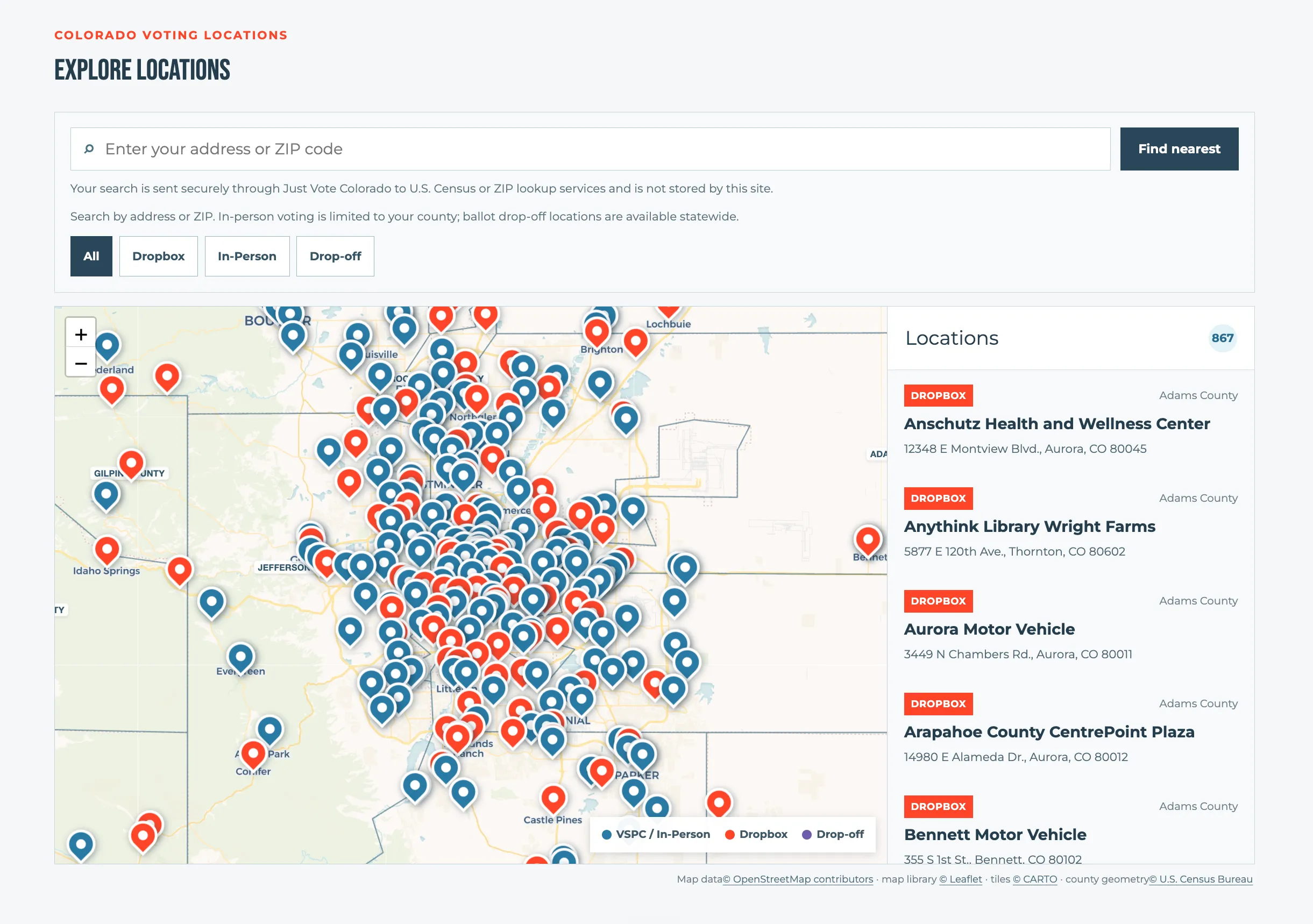 Just Vote Colorado voting-location map with address search, location filters, and a list of ballot drop boxes.
