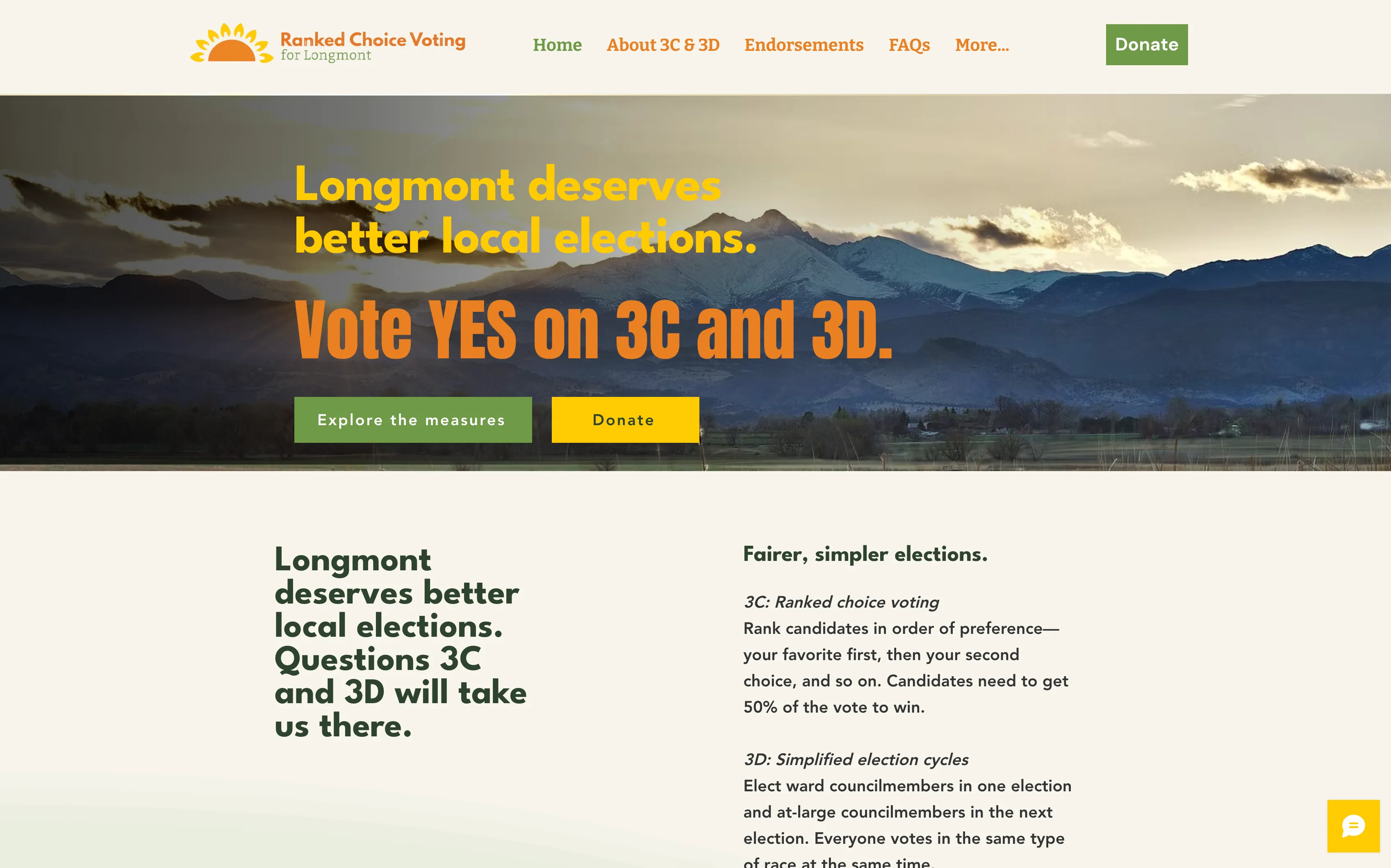 Redesigned Ranked Choice Voting for Longmont homepage with a mountain landscape, ballot-measure information, and links to explore the measures and donate.